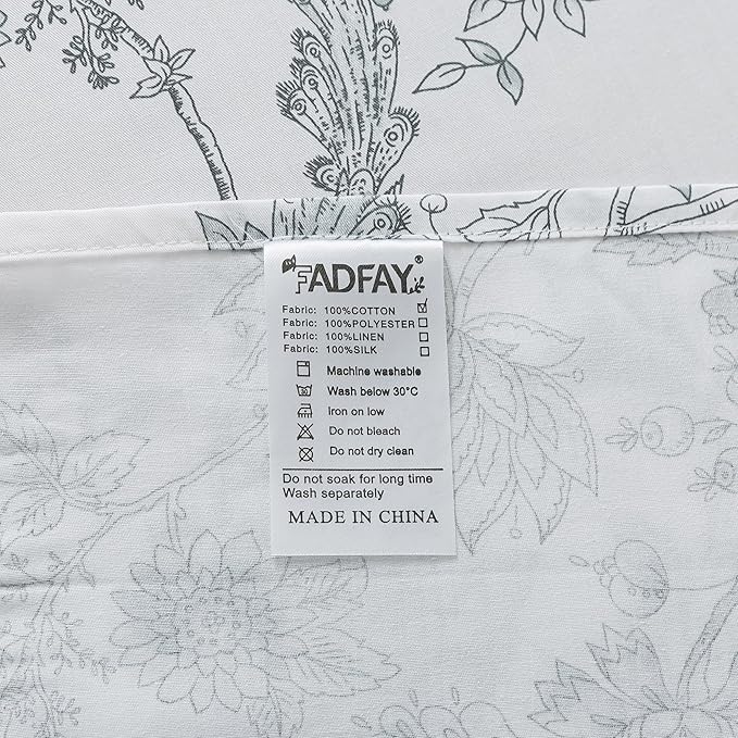 FADFAY Gray and White Duvet Cover Set Queen Shabby White Floral Bedding Vintage Bird Farmhouse Bedding Peacock Quilt Cover Set 100% Cotton Comforter Cover with Hidden Zipper Closure 3Pcs, Queen Size