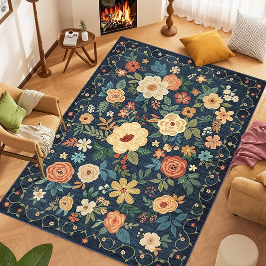 DUKINO 6x9 Area Rug, Floral Rugs for Living Room, Lightweight Non Slip Washable Rug, Indoor Low Pile & Non-Shedding Boho Design Rugs for Bedroom, Living Room, Dining Room, Dark Blue