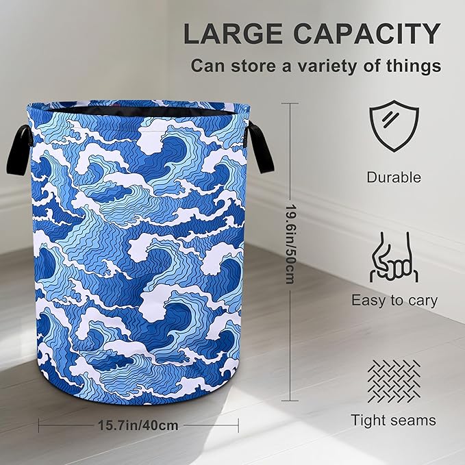 Ocean Wave Laundry Basket Foldable Oxford Cloth Tote Bag Laundry Hamper Clothes Storage Bucket Organizer For Bathroom/Laundry Storage/Bedroom 19.6x15.7 Inch