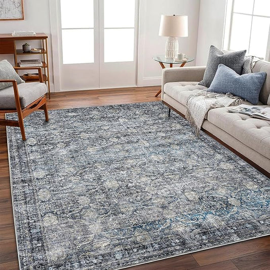 Area Rug 5'x7' Washable Rug Vintage Traditional Floor Cover Thin Retro Kitchen Indoor Distressed Non Slip Carpet for Living Room Bedroom Dining Room