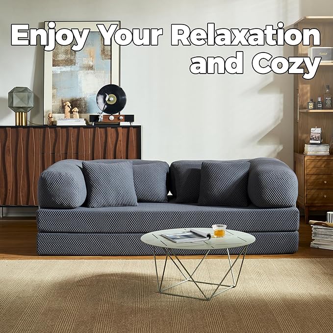 78 Inch Convertible Sofa Bed, 4D Fresh Fabric Boneless Couch with Fixed Frame and 4 Pillows, Modular Sectional Couch for Living Room Bedroom Studio Floor Bed Loveseat Sofa