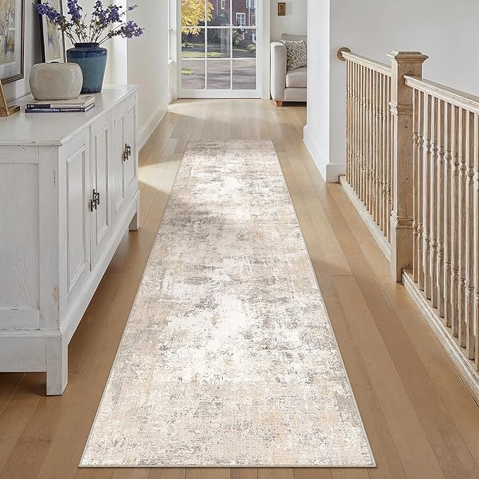 3x10 Washable Runner Rug Beige Grey Abstract Hallway Kitchen Throw Rug Neutral Modern Non Slip Soft Low Pile Carpet for Bathroom Laundry Bedroom Living Room