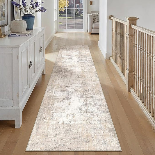 2'6x12 Washable Runner Rug Beige Grey Abstract Hallway Kitchen Throw Rug Neutral Modern Non Slip Soft Low Pile Carpet for Bathroom Laundry Bedroom Living Room