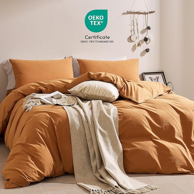 JELLYMONI Duvet Cover Full Size - 100% Washed Cotton Comforter Cover with Linen-Like Texture, Breathable & Soft Bedding for Modern Home, Guest Room and Everyday Use,1 Duvet Cover & 2 Pillowcases