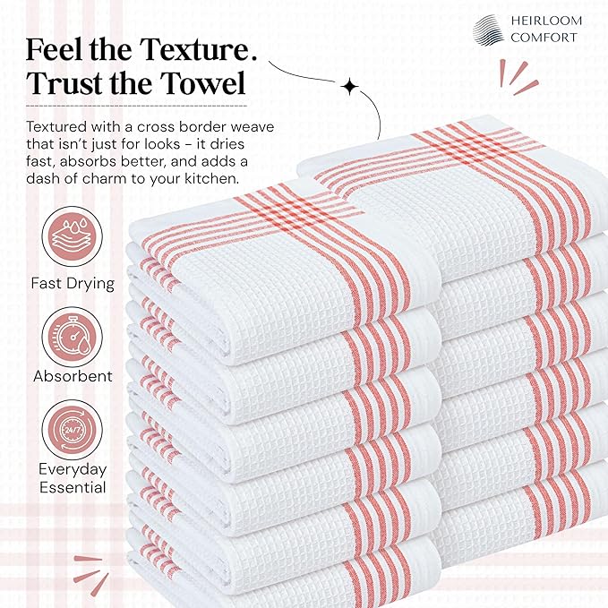 Red and White Waffle Weave Kitchen Towels 5 Pack, 16x26 Inch, Cotton Dish Towels with Hanging Loop, Quick Dry, Absorbent, Machine Washable, Durable for Kitchen & Cleaning