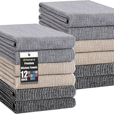 Homaxy Premium Kitchen Towels(18”x 28”, 12 Pack), Large Cotton Kitchen Hand Towels, Flat and Terry Dish Towels, 380 GSM Highly Absorbent Tea Towel Set with Hanging Loop, Grey/Khaki/Black