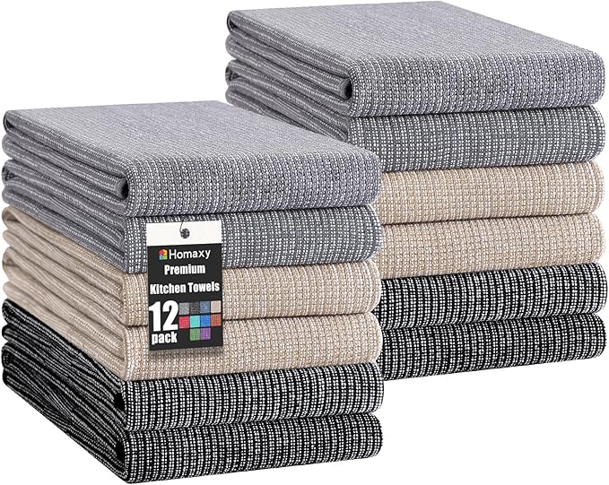 Homaxy Premium Kitchen Towels(18”x 28”, 12 Pack), Large Cotton Kitchen Hand Towels, Flat and Terry Dish Towels, 380 GSM Highly Absorbent Tea Towel Set with Hanging Loop, Grey/Khaki/Black