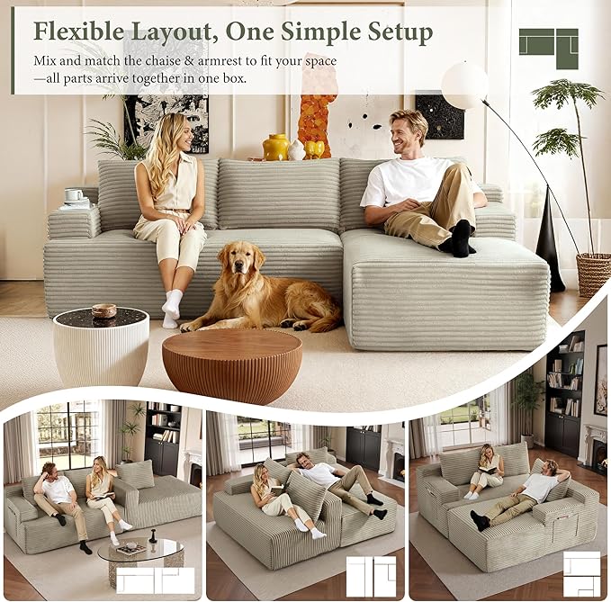 96''Sectional Couches for Living Room Modern Modular Sectional Sofa Upholstered Boneless Couch Comfy Cloud Couch with Chaise (Camel, 96''W Right Facing Chaise)