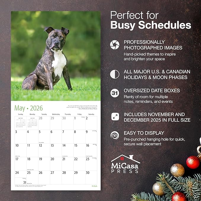 MICASA PRESS Pit Bulls 2026 Wall Calendar 12 Month | 12" x 24" Open | Thick & Sturdy Paper | Holiday Gift | Cute Puppy Dog Calendar 2026