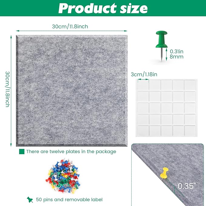 Large Corkboard Alternative - 11.8"x11.8"x0.35" 12 Pack Felt Wall Tiles Self-Adhesive Safe Removable Large Corkboard Bulletin Board Felt Cork Board for Walls Office 48 x 36-Light Gray