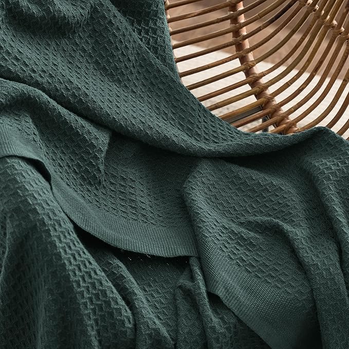 Bedsure Gentlesoft 100% Cotton Blanket Queen Size for Bed - Breathable and Soft, Thick Cozy Waffle Weave Christmas Blanket Gift for Women, Dark Green, 90x90 Inches
