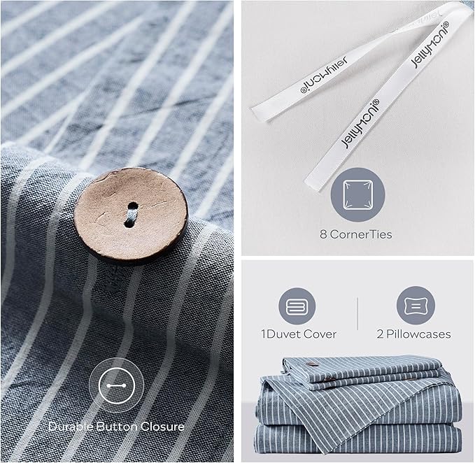 JELLYMONI Cotton Duvet Cover Full Size - Blue Vertical Pinstriped Comforter Cover with Button 100% Washed Cotton 3PCS Breathable Soft Solid Bedding Set Duvet Cover 80×90in & 2 Pillowcases
