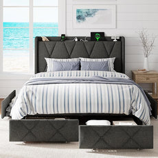 Full Size Bed Frame with 4 Storage Drawers, Upholstered Platform Bed with Charging Station, Modern Wingback Storage Headboard, Easy Assembly,Noise-Free, Dark Gray