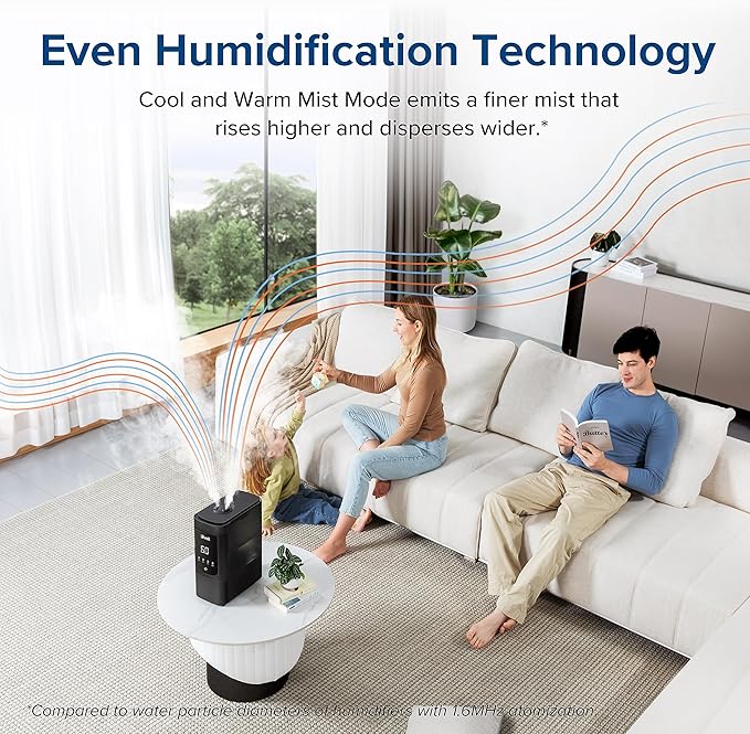 LEVOIT 6L Smart Warm and Cool Mist Humidifiers for Home Bedroom, 60H Runtime and Auto Customized Humidity for Large room, Schedule, Easy Top Fill, Essential Oil Diffuser, Whisper-Quiet, Handle, Black