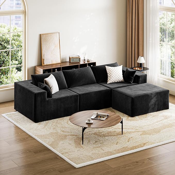 110" Cloud Couch Sectional for Living Room L-Shape Boneless Couches Modular Sectional Sofa with Deep Seat with Chaise,No Assembly Required,Carbon Black(Plush Corduroy Fabric)