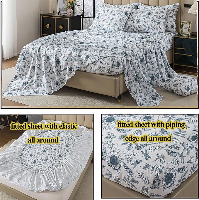 FADFAY Butterfly Sheets Set Queen Blue and White Sunflower Bedding Vintage Botanical Rose Floral Sheets Shabby Rustic Leaves Bedding 100% Percale Cotton Breathable Soft Deep Pocket 4Pcs, Queen Size