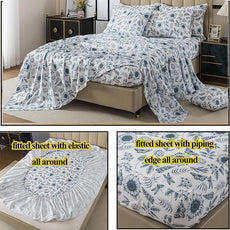 FADFAY Butterfly Sheets Set Twin Blue and White Sunflower Bedding Vintage Botanical Rose Floral Sheets Shabby Rustic Leaves Bedding 100% Percale Cotton Breathable Soft Deep Pocket 4Pcs,Twin Size