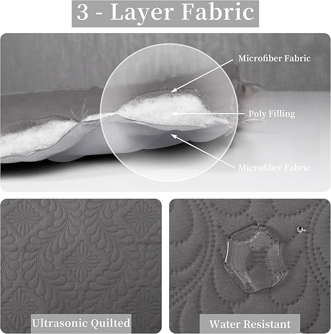 Easy-Going Twin Size Reversible Quilt Set with 1 Quilt and 1 Pillow Sham, Soft Bed Quilt Cover, Water Resistant Lightweight Microfiber Bedspread, Stain Resistant, Olive Leaf-Gray/Light Gray