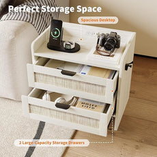 Rattan Nightstand Set of 2, Bedside Table with Type-C Charging Station - 2 Storage Drawer Space, Boho End Table Side Table for Bedroom Office, Large Night Stand with Charging Port