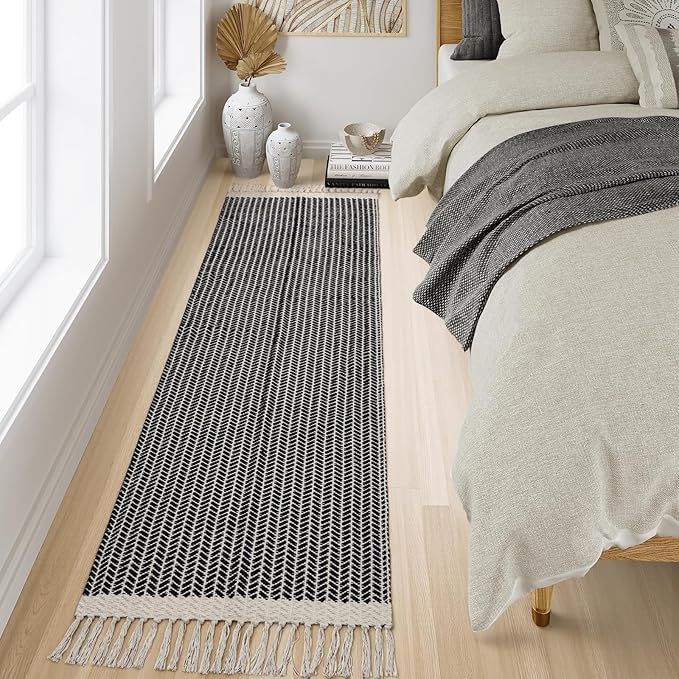 Lahome Boho 2x7 Hallway Runner Rug, Bathroom Runners Lightweight Entry Woven Cotton Black Runner Rug with Tassels, Farmhouse Door Mats Indoor Low Pile Carpet for Laundry Room Decor