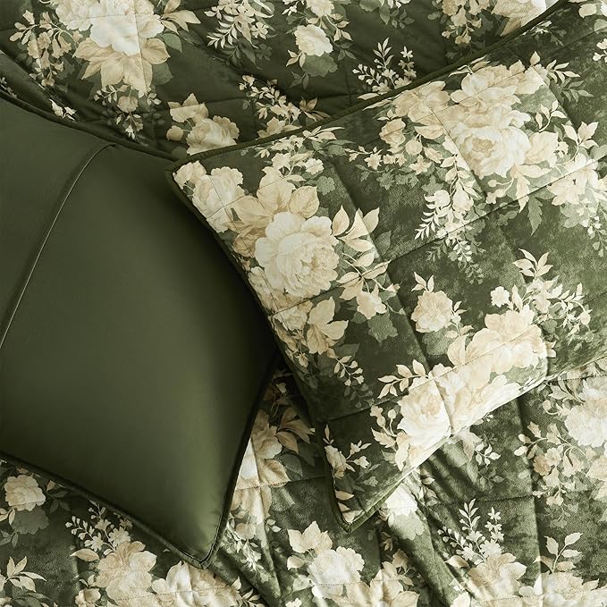Wonderful Velvet Quilt Set, Box Stitched Army Green Velvet Lightweight Comforter Queen, Elegant Floral Printed, Pet-Friendly, Luxury Soft Cozy Bedspread Coverlet Bedding Set for All Season, 94"x94"
