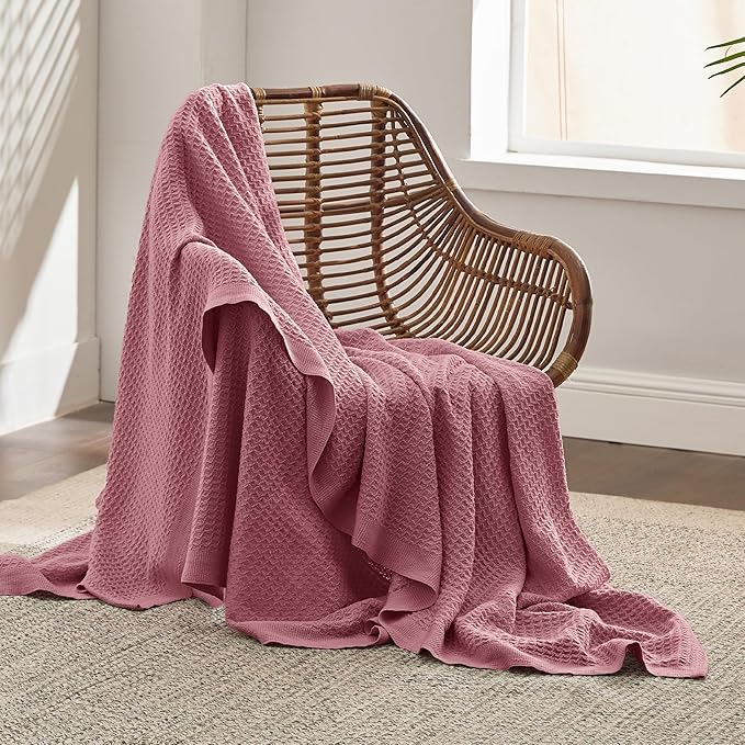 Bedsure Gentlesoft 100% Cotton Large Throw Blanket for Couch 50x70 inches - Breathable and Soft, Waffle Weave Throw Blanket for Office, Dusty Rose