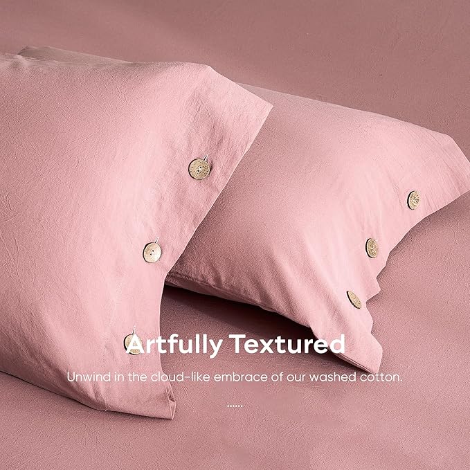 JELLYMONI 100% Washed Cotton Standard Pillowcases Set, 2 Pack Linen-Like Texture Breathable Pillow Covers with Button Closure,Darker Rose Standard 20"×26"(Pillows are not Included)