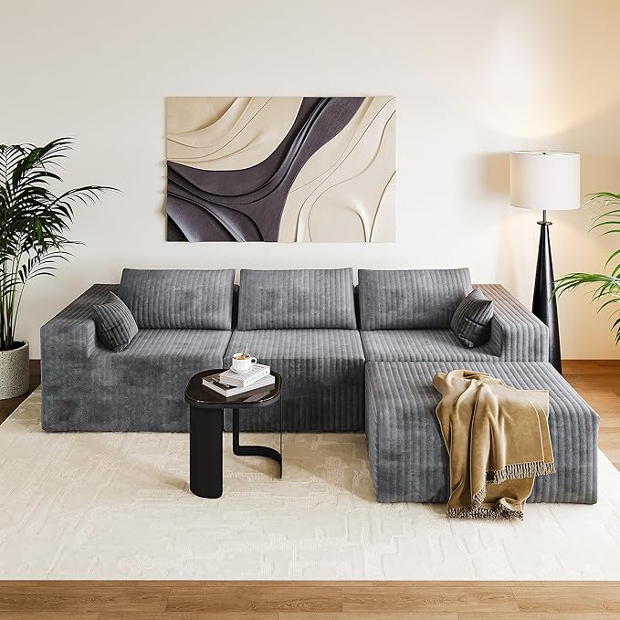110" Cloud Couch Sectional for Living Room L-Shape Boneless Couches Modular Sectional Sofa with Deep Seat Plush with Chaise,No Assembly Required, Carbon Gray(Plush Corduroy Fabric)