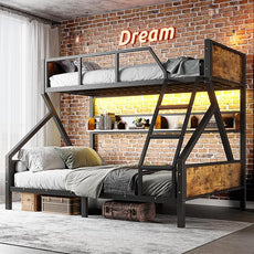 Twin XL over Queen Bunk Bed with Shelves, Metal Bunk Beds with Ladders and Lights, Heavy-duty Bunkbed for Bedrooms, Guest Rooms and Dorms, No Box Spring Needed and Noise-free Design, Woodgrain