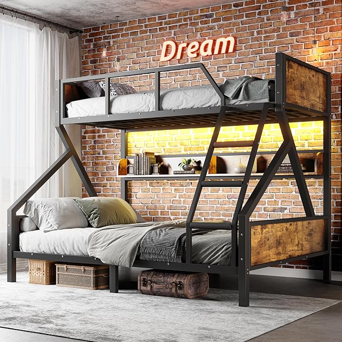 Twin XL over Queen Bunk Bed with Shelves, Metal Bunk Beds with Ladders and Lights, Heavy-duty Bunkbed for Bedrooms, Guest Rooms and Dorms, No Box Spring Needed and Noise-free Design, Woodgrain