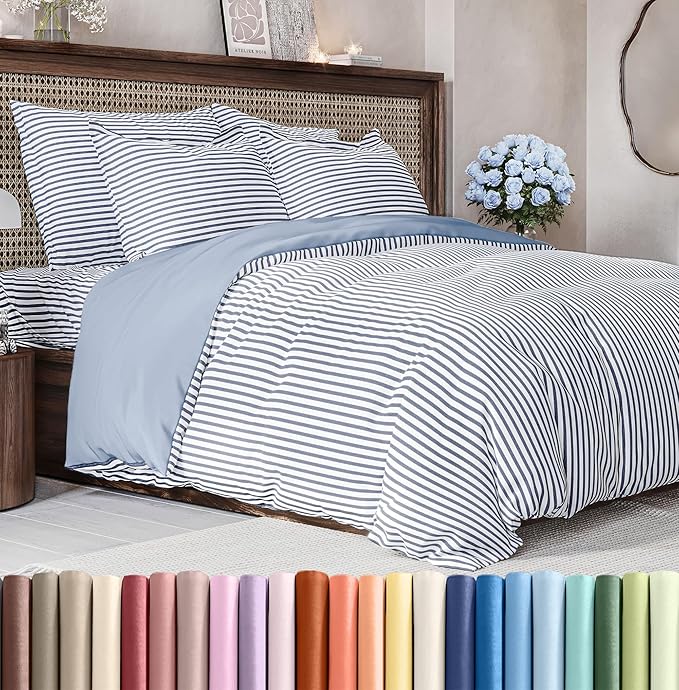 Duvet Cover Full Size Set - Extra Soft Full Size Duvet Cover 80 x 90 with 2 Pillow Shams - Hotel Luxury Easy Care and Fade Free w/Zipper Closures & Ties - Comfy Breathable Bedding Set (Blue Stripes)