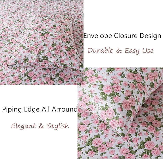 FADFAY Sheets Set King Pink Rose Floral Bedding Rustic Peony Flower Bed Sheet Set Vintage Farmhouse Bedding 100% Cotton Ultra Soft Breathable Collection with Deep Pocket Fitted Sheet 4Pcs, King Size