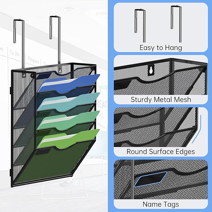 Kuntine.B Wall File Organizer (Black, 5 Tier & Hangers)