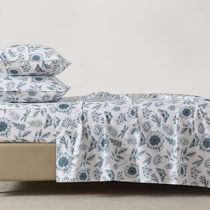 FADFAY Butterfly Sheets Set Queen Blue and White Sunflower Bedding Vintage Botanical Rose Floral Sheets Shabby Rustic Leaves Bedding 100% Percale Cotton Breathable Soft Deep Pocket 4Pcs, Queen Size