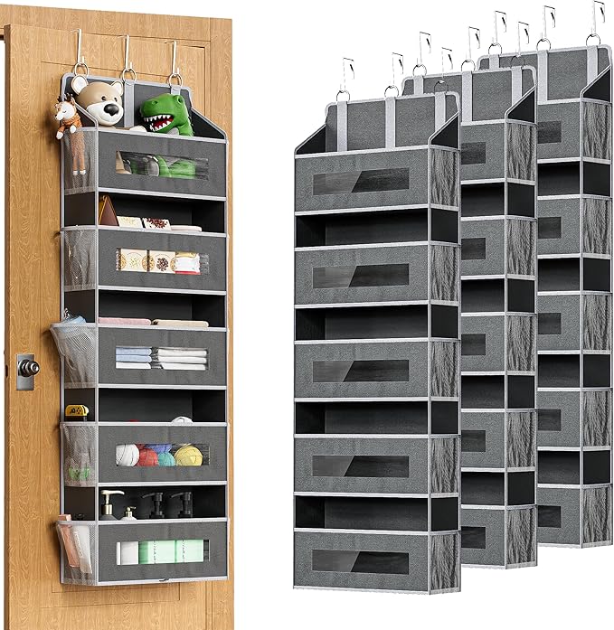 3 Packs 5-Tier Over the Door Storage Organizer with 10 Side Mesh Pockets, 48 lbs Load Capacity, 3 Hooks Design, Hanging Organizer with Clear Windows for Bathroom, Bedroom, Nursery, Kitchen-Grey