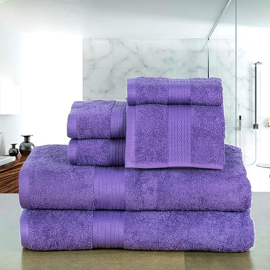 Ample Decor 100% Cotton Luxury 6 Piece Towels Set, 2 Bath Towels, 2 Hand Towels, 2 Wash Cloths for Bathroom - Purple Towel Sets