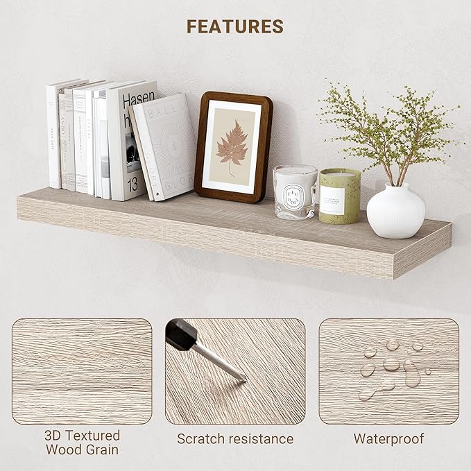 36 Inch Floating Shelves, 3D Textured Wood Grain, 36"x9.25"x1.5" Inch Deep Floating Shelves for Wall, Wooden Shelves for Bathroom, Bedroom, Living Room, Vintage White Oak, 2 Pieces