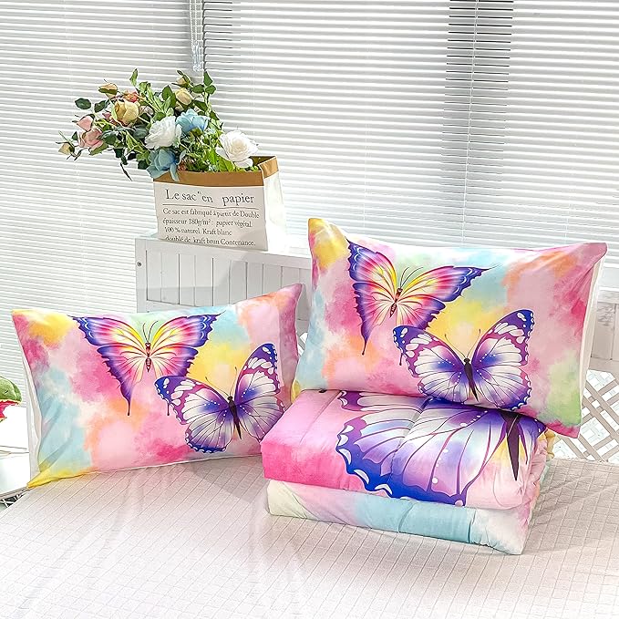 CVHOUSE Butterfly Bedding Set,Butterfly Comforter Queen,Butterfly Comforter Set for Girls Kids Teens,Butterflies Quilt Set with 1 Comforter and 2 Pillow Cases