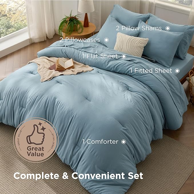 Bedsure Queen Size Comforter Set, Dusty Blue Soft Prewashed Bedding for All Seasons, 7 Pieces Warm Winter Down Alternative Bed Set, Fluffy Bed in a Bag with Sheets, Pillowcases & Shams