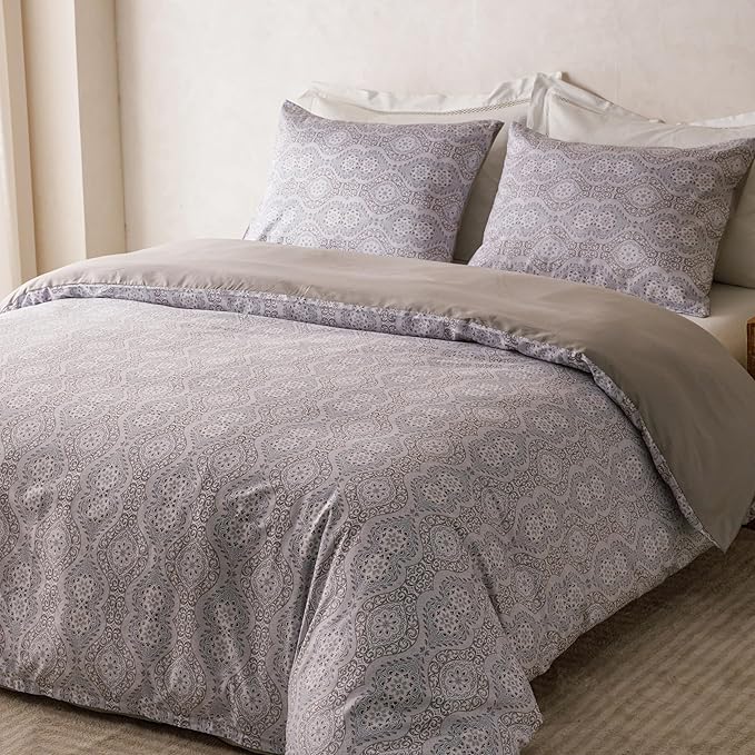 HeimenAogo Egyptian Cotton Duvet Cover Queen Size Sateen Weave, Silky Soft Duvet Cover with Zipper Closure, Long Staple Cotton Bed Linen Bohemian Damask Geometric 3 Pcs