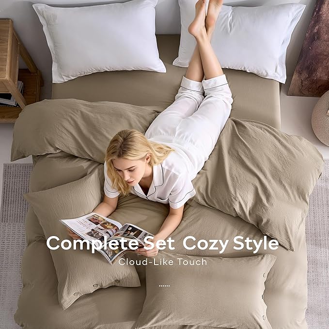 JELLYMONI 100% Washed Cotton Duvet Cover Twin – Soft, Breathable Linen-Look Bedding with Natural Wrinkle Texture, Button Closure, 3-Piece Set (Dusty Khaki, 68"x90")