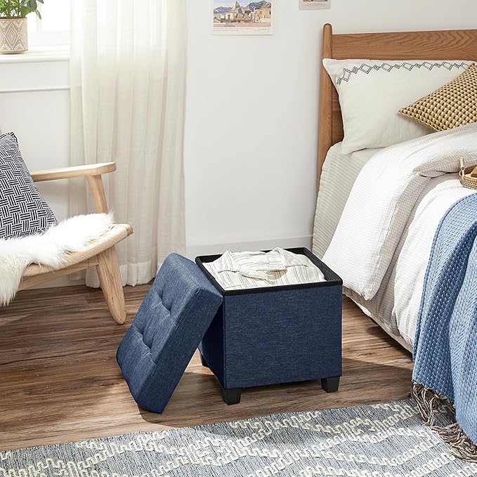 SONGMICS Storage Ottoman, Small Ottoman Foot Rest with Legs, 15 x 15 x 15.7 Inches Foot Stool, Load up to 660 lb, for Living Room, Bedroom, Dorm, Midnight Blue ULSF14IN