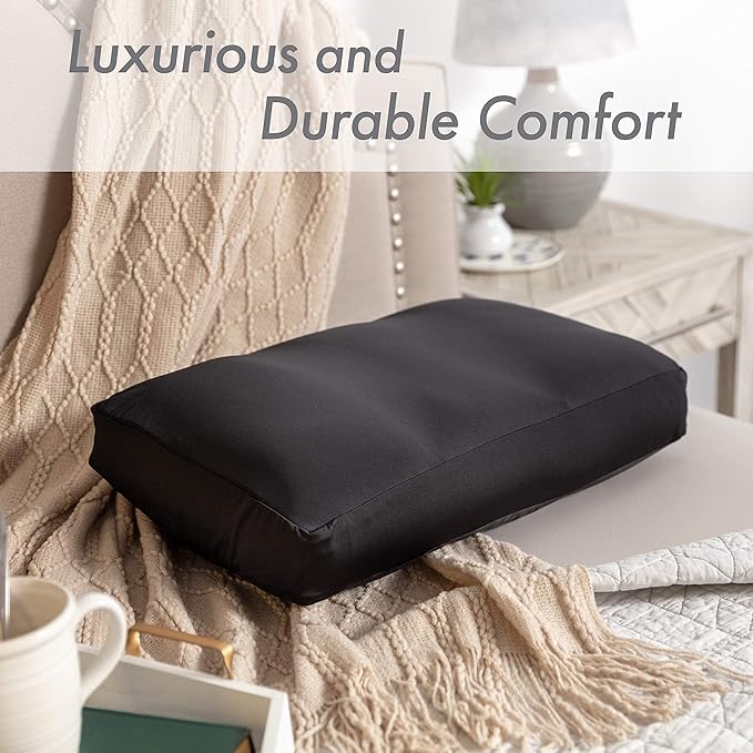 PILLOWY Premium Microbead Bed Pillow, Large Extra Fluffy But Supportive - Ultra Comfortable Sleep with Silk Like Anti Aging Cover 85% Spandex/ 15% Nylon Breathable, Cooling Matte Black
