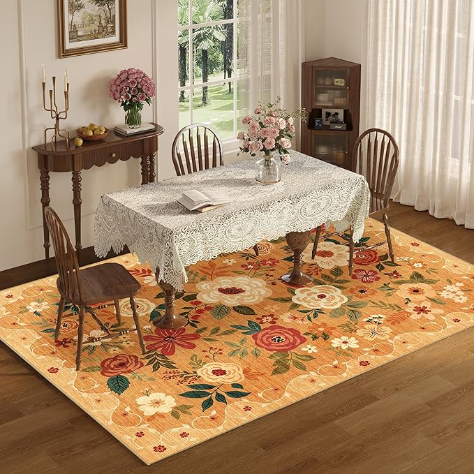 DUKINO 9x12 Area Rug, Floral Rugs for Living Room, Lightweight Non Slip Washable Rug, Indoor Low Pile & Non-Shedding Boho Design Rugs for Bedroom, Living Room, Dining Room, Orange
