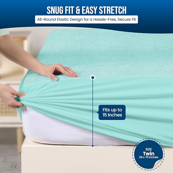 Utopia Bedding Waterproof Mattress Protector Twin Size, Premium 200 GSM Terry Mattress Cover, Soft & Breathable Bed Cover, Fitted Sheet Style with Stretchable Deep Pockets 15" (Spa Blue)
