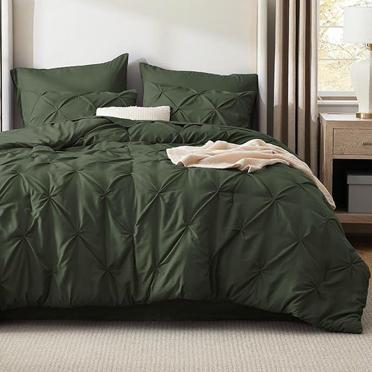 Bedsure Oversized Queen Comforter Set Olive Green - Bed in a Bag Bedding Set 7 PCS, GentleSoft™ Pintuck Bed Set Gift for Family, Pinch Pleat All Season Comforter with Sheets, Pillowcases & Shams
