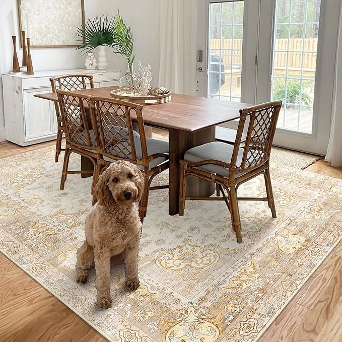8'x10' Area Rugs Washable,Boho Rug for Living Room Bedroom Dining Room,Large Vintage Bohemian Distressed Oriental Carpet Non Slip,Beige Gold Floral