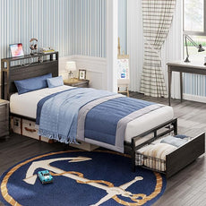 LIKIMIO Twin XL Bed Frames with Drawer, Storage Headboard with Outlets, No Box Spring Needed, Easy Assembly, Gray Black