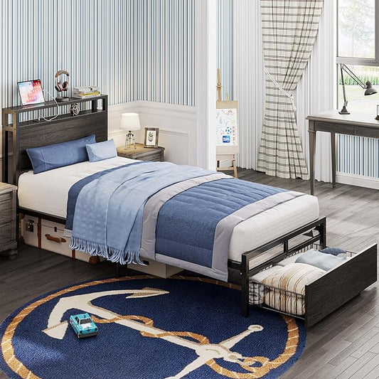 LIKIMIO Twin XL Bed Frames with Drawer, Storage Headboard with Outlets, No Box Spring Needed, Easy Assembly, Gray Black