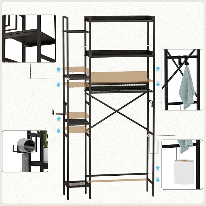 Over The Toilet Storage Cabinet with 2 Drawers - 7 Tier Bathroom Organizer with Adjustable Shelf & Side Rack, Hair Dryer Toilet, Paper Holder & 2 Hooks for Restroom, Laundry, Black